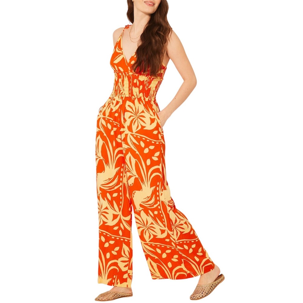 Patrons of Peace Jumpsuit Women XS Orange Tropical Floral Peacock Smocked